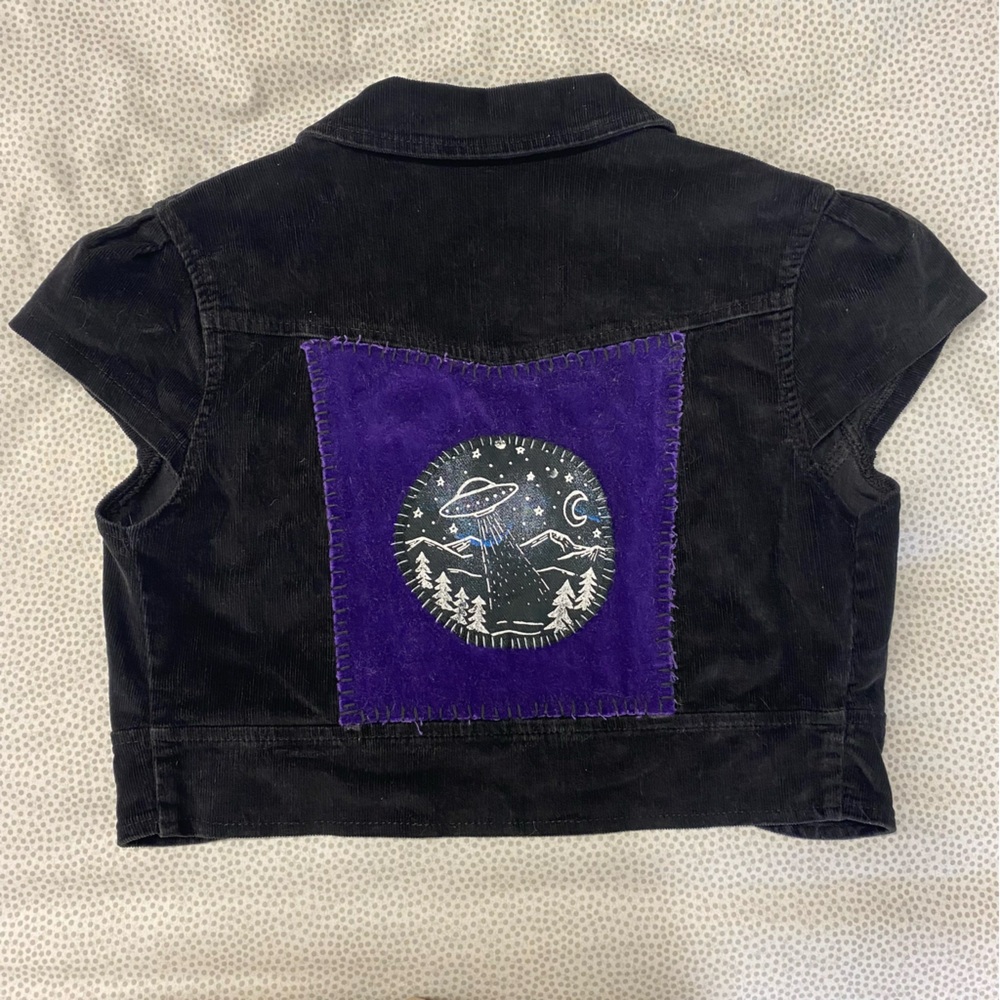 Black Corduroy Bolero Upcycled with Purple UFO Patch